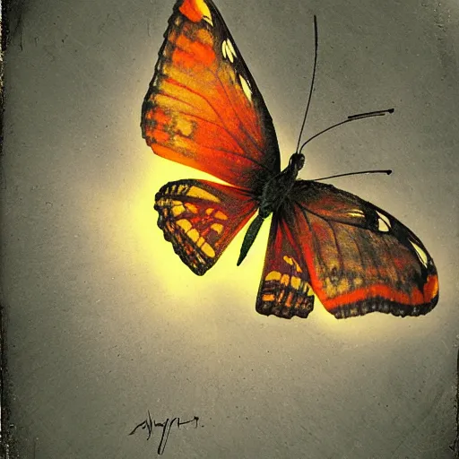 Prompt: burning butterfly, polaroid photography in style of andrey tarkovski, mystical, sublime, calm