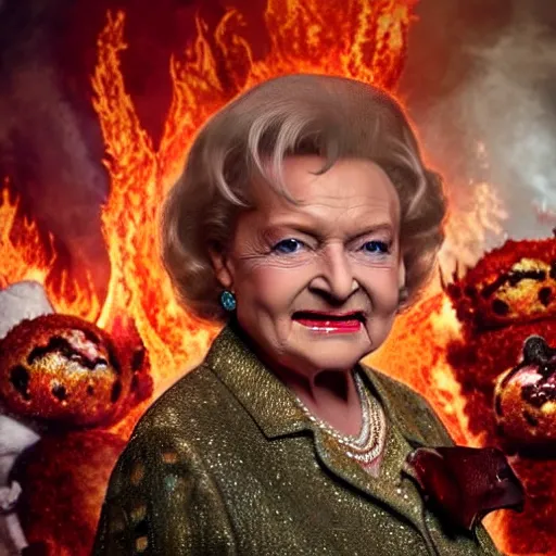 Prompt: stunning awe inspiring betty white as the queen of hell surrounded by fire, lava, brimstone and demonic killer dolls, movie still 8 k hdr atmospheric lighting