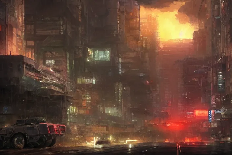 Image similar to cyberpunk humvee chased through burning city at night in rain by greg rutkowski makoto shinkai takashi takeuchi studio ghibli, akihiko yoshida