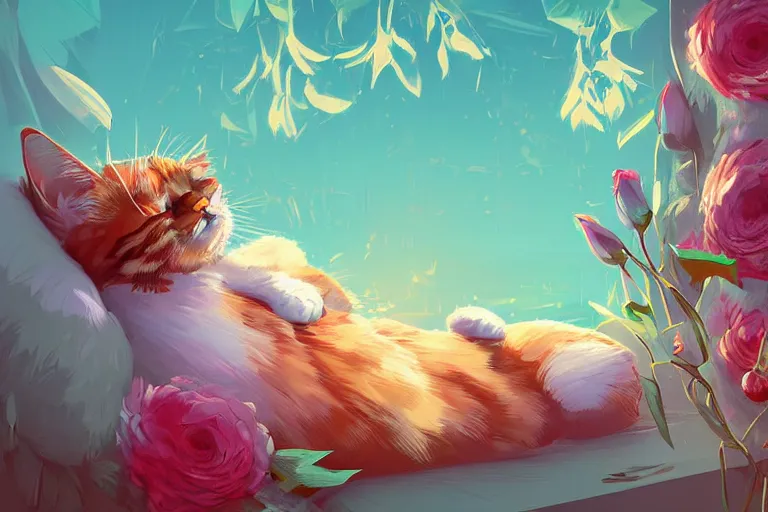 Image similar to a digital art of a cat sleeping in the room with flowers around in the afternoon, the sun shines in, animal, light effect, highly detailed, by anton fadeev