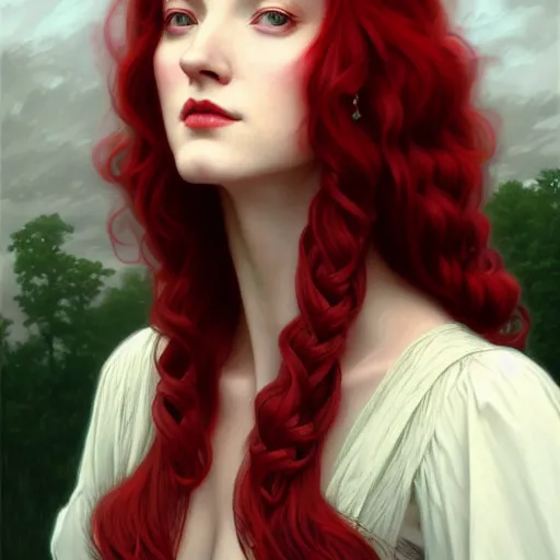 Image similar to long red hair aristocrat, bust portrait, gentle, solemn face, cloth, female, city landscape, d & d, fantasy, intricate, elegant, digital painting, red green color palette, artstation, octane render, concept art, matte, sharp focus, illustration, herrarthstone, art by artgerm and greg rutkowski and alphonse mucha