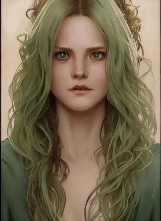 Image similar to a young april with a mischievous face and extremely long blonde wavy hair dressed in a green pale mechanic suit, she have three little scars marks on her forehead, intricate detailed face, artgerm, greg rutkowski, alphonse mucha