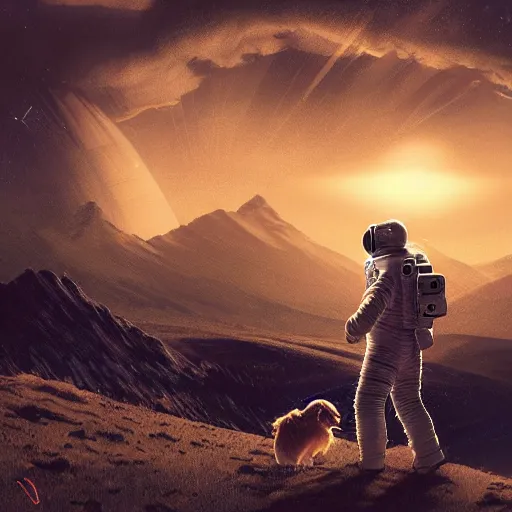 Image similar to Astronaut golden retriever, beautiful landscape, dramatic lighting, cinematic, establishing shot, extremly high detail, photorealistic, cinematic lighting, post processed, concept art, artstation, matte painting, style by greg rutkowsky