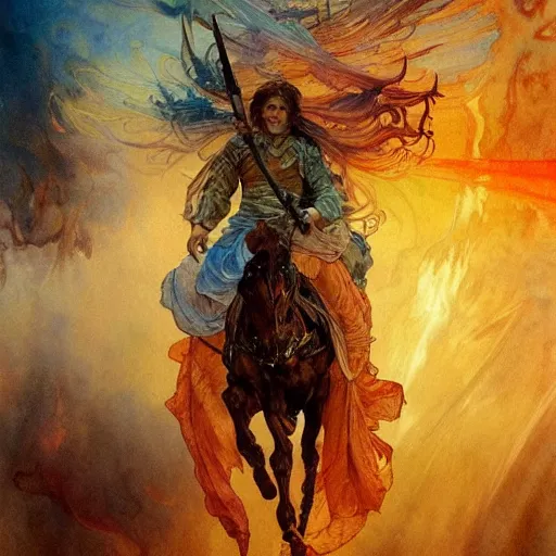 Prompt: a beautifull intricate watercolour painting of the four horsemen of the apocalypse, riding from hell, fiery hell in the background, fear, anger, chaos, verry high details by william turner art, greg rutkowski and alphonse mucha, trending on artstation, very very detailed, masterpiece, vibrant colors
