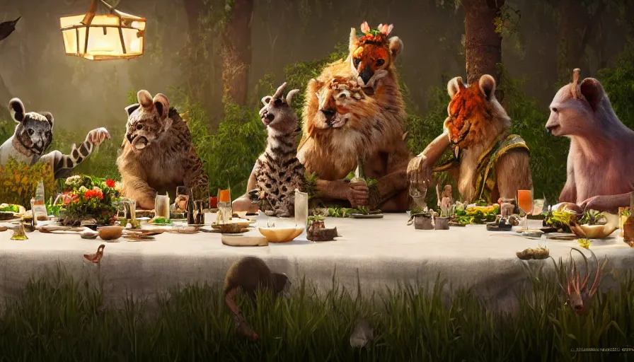 Image similar to a table dinner of exotic animals where animals are dressed like the characters from the midsommar movie wearing flowers, realistic detailed digital art by maxwell boas jessica rossier christian dimitrov anton fadeev trending on artstation cgsociety rendered in unreal engine 4 k hq