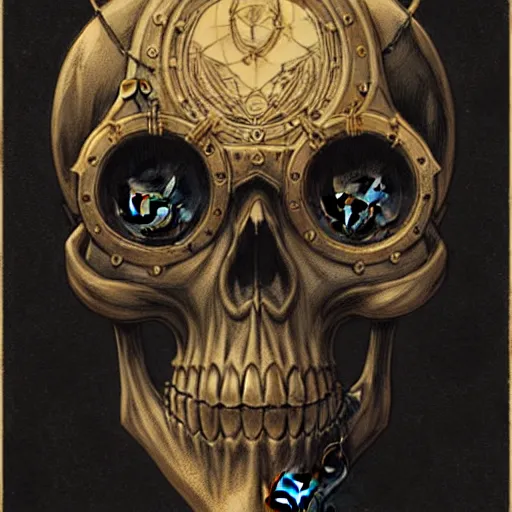 Image similar to skull, steampunk, black paper, gold details, tarot card, by peter mohrbacher, by marc simonetti, by mike mignola, detailed, intricate ink illustration 7 0 4