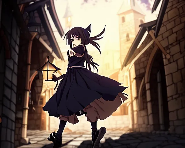 Image similar to key anime visual portrait of a young female witch walking through a busy medieval village, dynamic pose, dynamic perspective, cinematic, dramatic lighting, detailed silhouette, anime proportions, perfect anime face