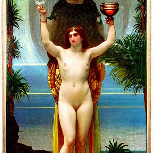 Image similar to Justice with a blood dripping chalice at the palace, thunderstorm, greek pool, beach and palm trees on the background major arcana sky, by paul delaroche, alphonse mucha and arnold böcklin arnold böcklin hyperrealistic 8k, very detailed