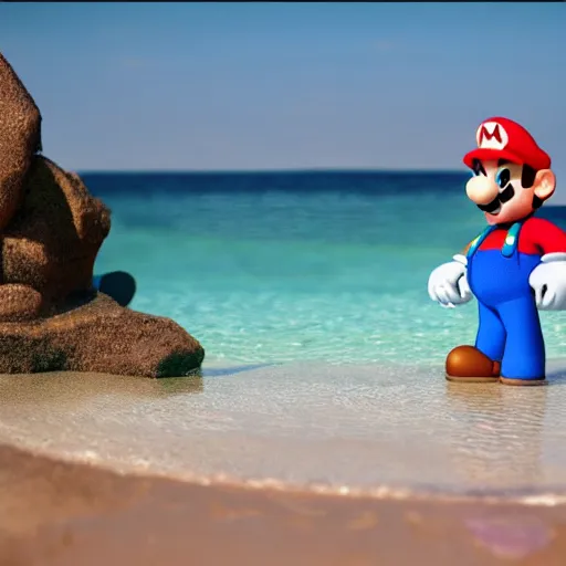 Image similar to super mario standing in the water at a beach