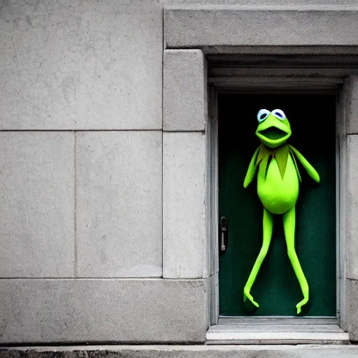 Image similar to street photography picture of kermit the frog sleeping in the doorway of an oppressive evil building. fugifilm 4 k