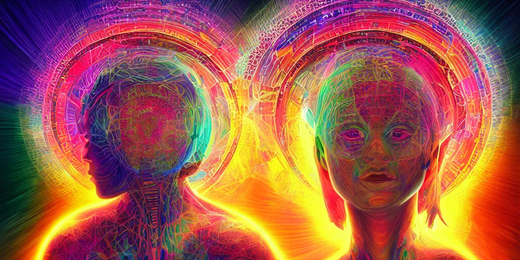 Image similar to transcendence into collaborative intelligence, endless collaboration with ai, connectedness, body, by alex grey, award winning, beautiful, colorful, volumetric lighting, trending on artstation, cinematic