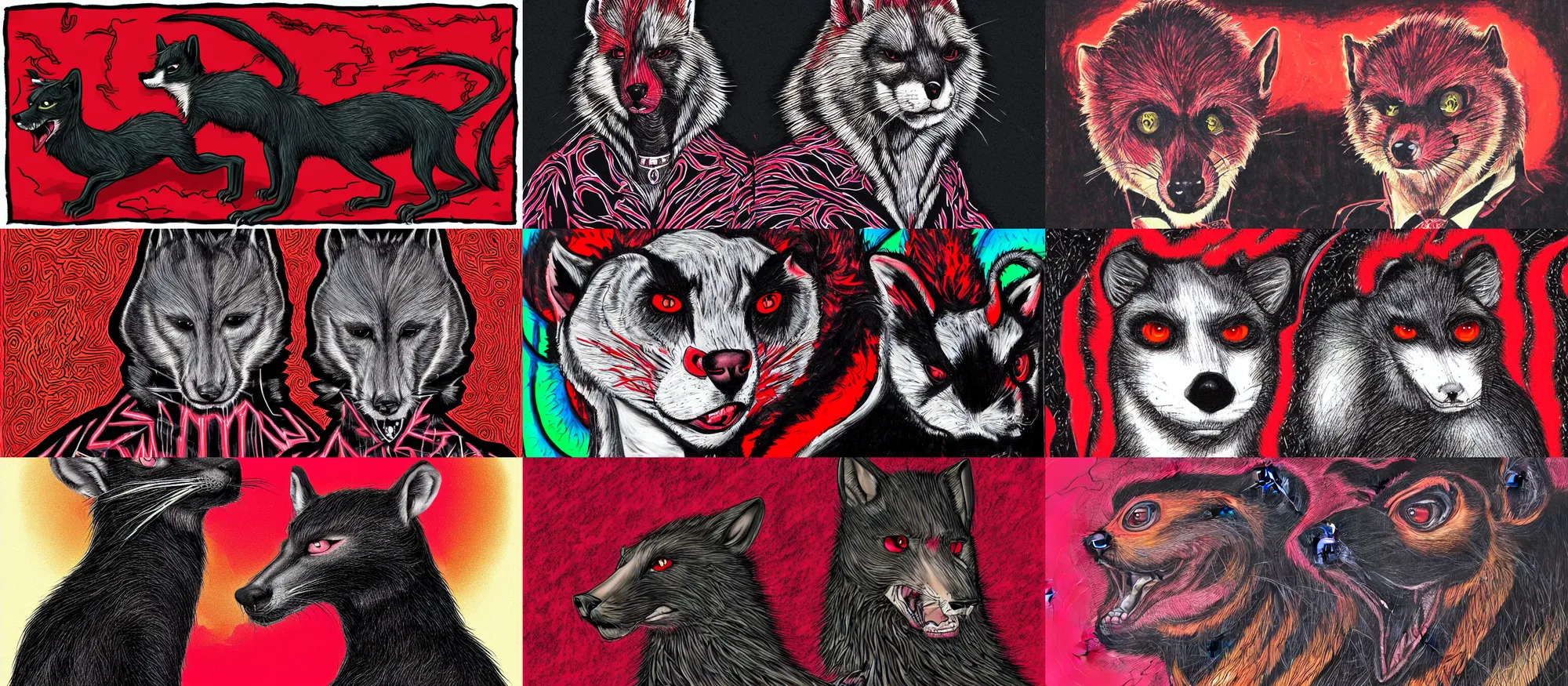 Image similar to handsome weasel fursona portrait, male, red - black, dark psychedelia style, refer to late timothy leary, schizophrenic art. dark and smoky