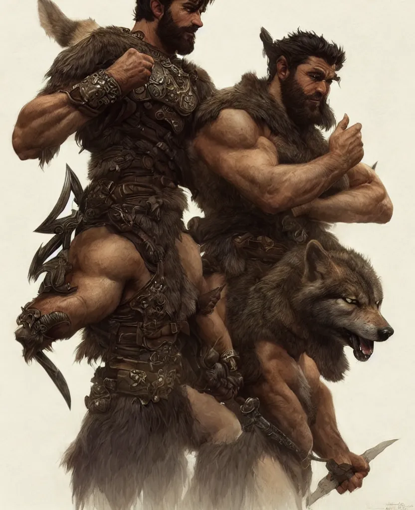 Image similar to portrait of a gruff ranger with wolf companion, muscular, upper body, hairy body, D&D, fantasy, intricate, elegant, highly detailed, digital painting, artstation, concept art, matte, sharp focus, illustration, art by Artgerm and Greg Rutkowski and Alphonse Mucha