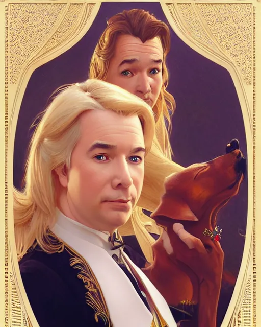 Image similar to Portrait of a  blonde lady and Michael mcintyre in Dogtanian,real life skin, intricate, elegant, highly detailed, artstation, concept art, smooth, sharp focus, art by artgerm and greg rutkowski and alphonse mucha