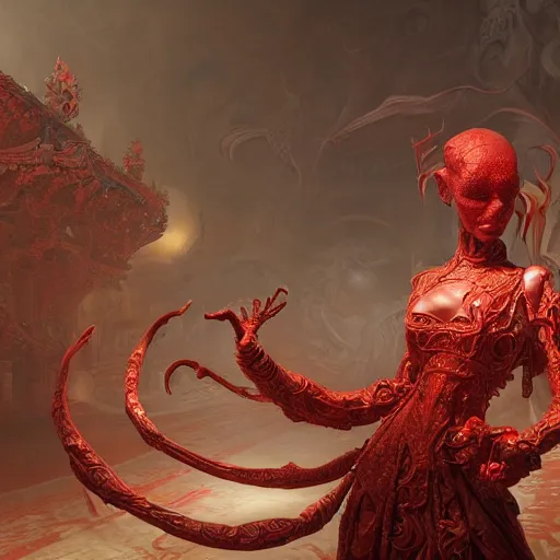 Prompt: the red alien lady, intricated traditional chinese textures, rococo decorations, hyper detail, unreal engine, octane render, by karol bak