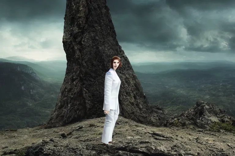 Image similar to a cinematic headshot portrait of a beautiful middle aged woman, wearing futuristic white suit on the top of a mountain, overlooking a vast serene forest, large diffused light, neon light, 4 k, ultra realistic, dramatic lighting, rain, clouds, fog, vogue, fashion, glamour, magazine spread, by marco mazzoni and jessica rossier