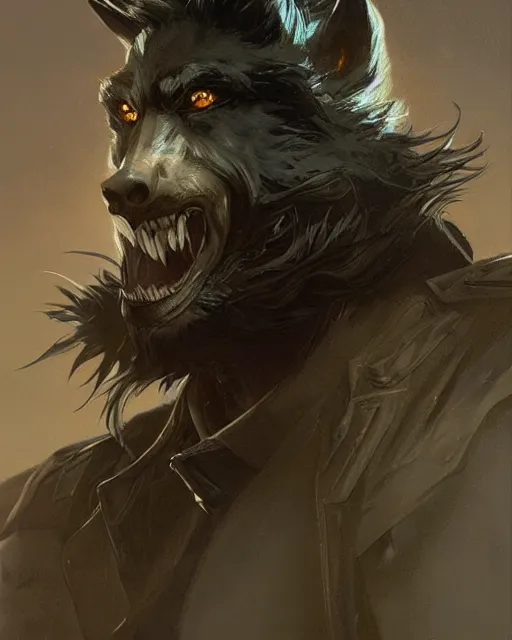Image similar to '' Face portrait of a handsome werewolf with a black leather coat, short hair , fantasy, d&d, high detail, digital painting, artstation, concept art, sharp focus, illustration, art by greg rutkowski and alphonse mucha ''