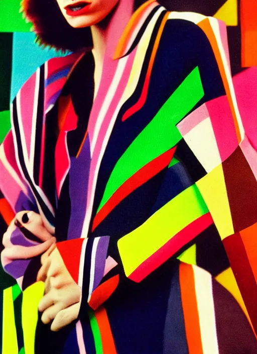 Prompt: portrait close up of david bowie music clip with sonia delaunay clothing, neon lights, photorealistic, eastman kodak