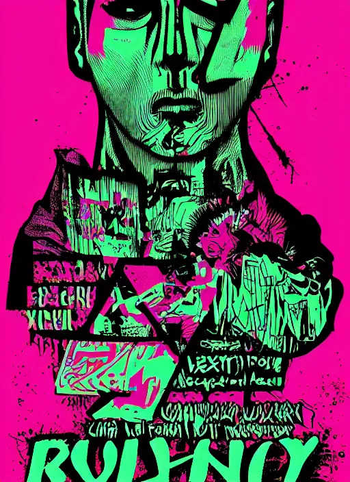 Prompt: a portrait of a poster for an underground techno rave with bold graphic design and unique fonts using very bold imagery and typesetting, risograph by art chantry, screenprinted risograph colors, halftone dots, streetwear graphic design, 4 k hd, artstation