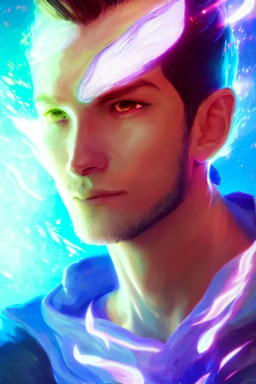 Image similar to a human elemental sorcerer, blurred environment background, colorful magic effects, white skin, portrait, male, clothed, sharp focus, digital art, concept art, trending on artstation, dynamic lighting, by emylie boivin and rossdraws