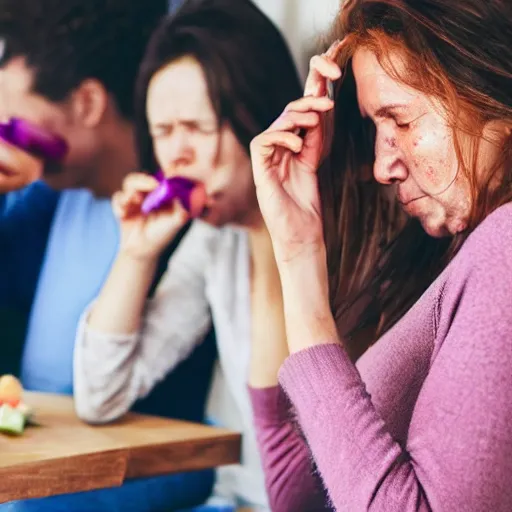 Prompt: Women crying and drinking salad