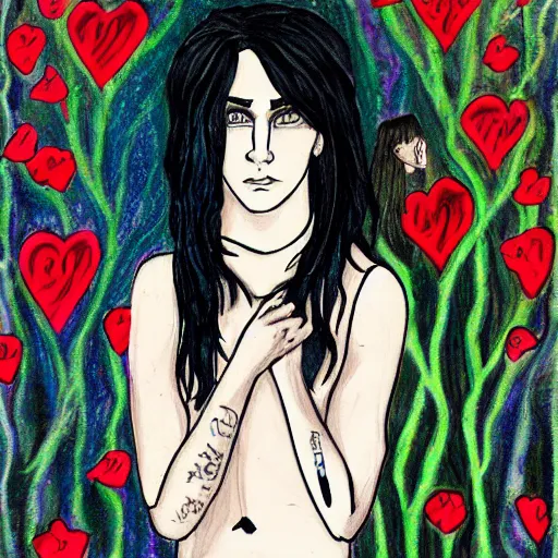 Image similar to stoic heroic emotionless blond butch tomboy woman holding hands with taller goth black - haired dark fae jennifer connelly, in love, romantic in romantic garden, mike mignogna, illustration, pen and ink, oil painting