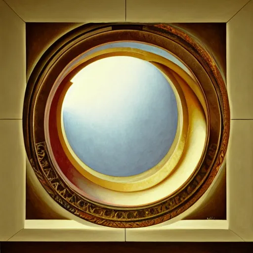 Image similar to still life painting of a room with a balcony and a marbled pedestal displaying an ancient holy artifact, centered in frame and shaped like a torus ring, chromed and ornate with gentle iridescent shine from within. perspective from the side. realistic light and shadows. moody fantasy art, still life renaissance pastel painting. close up