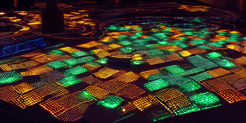 Image similar to 9-track machines made of digital grids and glowing stones with embedded LEDs. amber glowing screens.