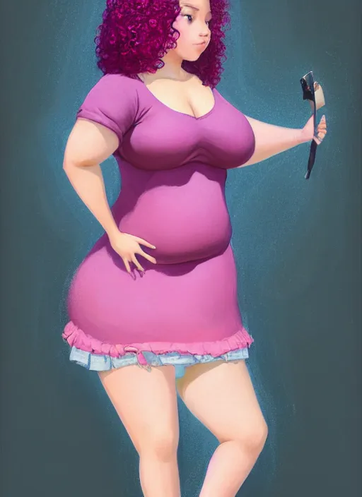 Image similar to full body portrait, teenage vanessa morgan, pink hair, obese, black girl, curly pixie hair, sultry, realistic, short hair, hoop earrings, skirt, shirt, fat, belly, intricate, elegant, highly detailed, digital painting, artstation, concept art, smooth, sharp focus, illustration, art by wlop, mars ravelo and greg rutkowski