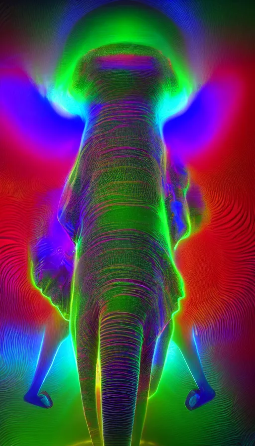 Image similar to 8K UHD Houdini render of ifs fractal elephant, background bioluminescent swirling wisps, red yellow green blue smoke gradient palette, volumetric lighting, 18 mm lens