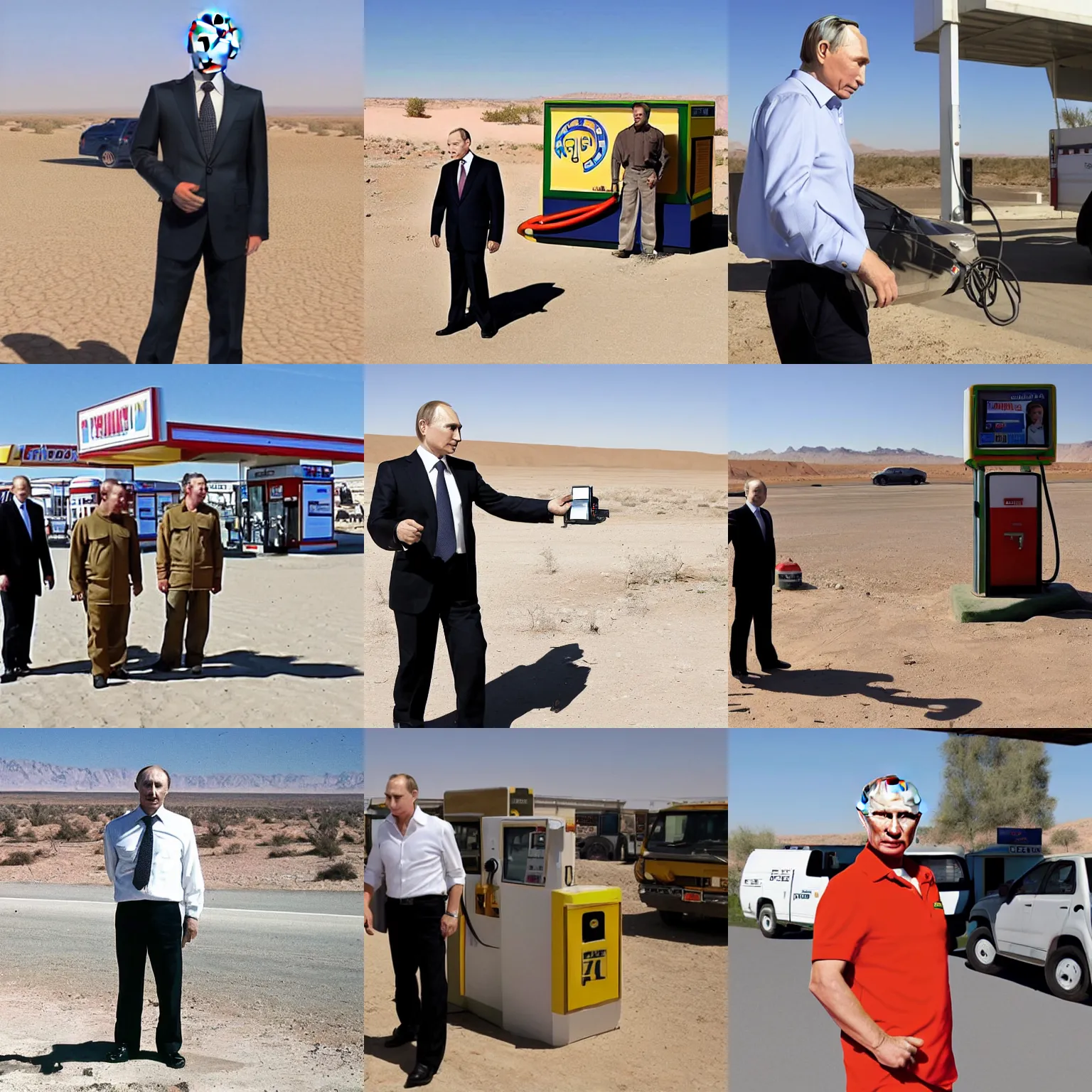 Prompt: vladimir putin as a gas station manager in the desert