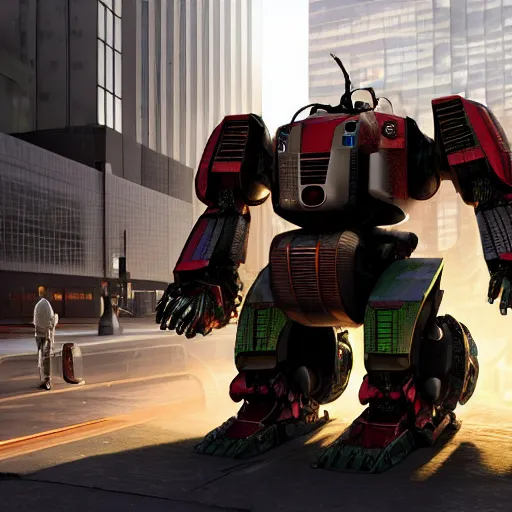 Image similar to a beautiful hyperrealistic ultradetailed 3D render of a gigantic fat rotund mecha standing in the city, by brian sum and stephen martiniere and Antonio Manzanedo. mech, dragon, unreal engine, octane render, PBR, 3D, brilliantly colored, intricate, wide angle, volumetric lighting, polished, path tracing