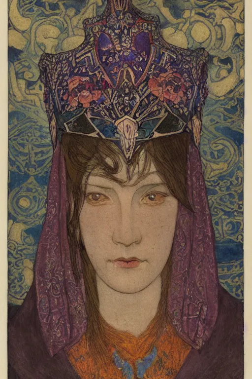 Image similar to the lantern crown, by Annie Swynnerton and Nicholas Roerich and Edmund Dulac, embroidered brocade, tattoos, elaborate costume, geometric ornament, symbolist, rich colors, dramatic lighting, smooth, sharp focus, extremely detailed