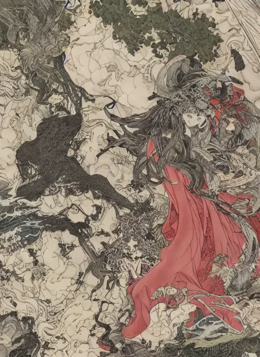 Image similar to battle between good and evil , battle between angels and demons, by and Takato Yamamoto and Yoshitaka Amano, high resolution, ultra detailed