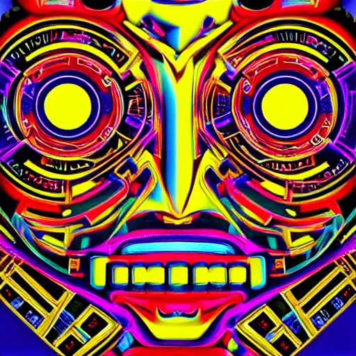 Image similar to hyperdetailed portrait of a aztec futurism punk robot head, 8 k, symetrical, flourescent colors, halluzinogenic, multicolored tshirt art, black background