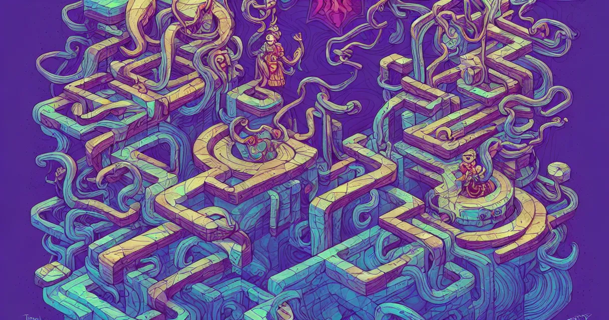 Image similar to arcane twisted turn of fate abstraction, centered award winning ink pen illustration, isometric abstract illustration by dan mumford, edited by craola, technical drawing by beeple and tooth wu, tiny details by artgerm and watercolor girl, symmetrically isometrically centered