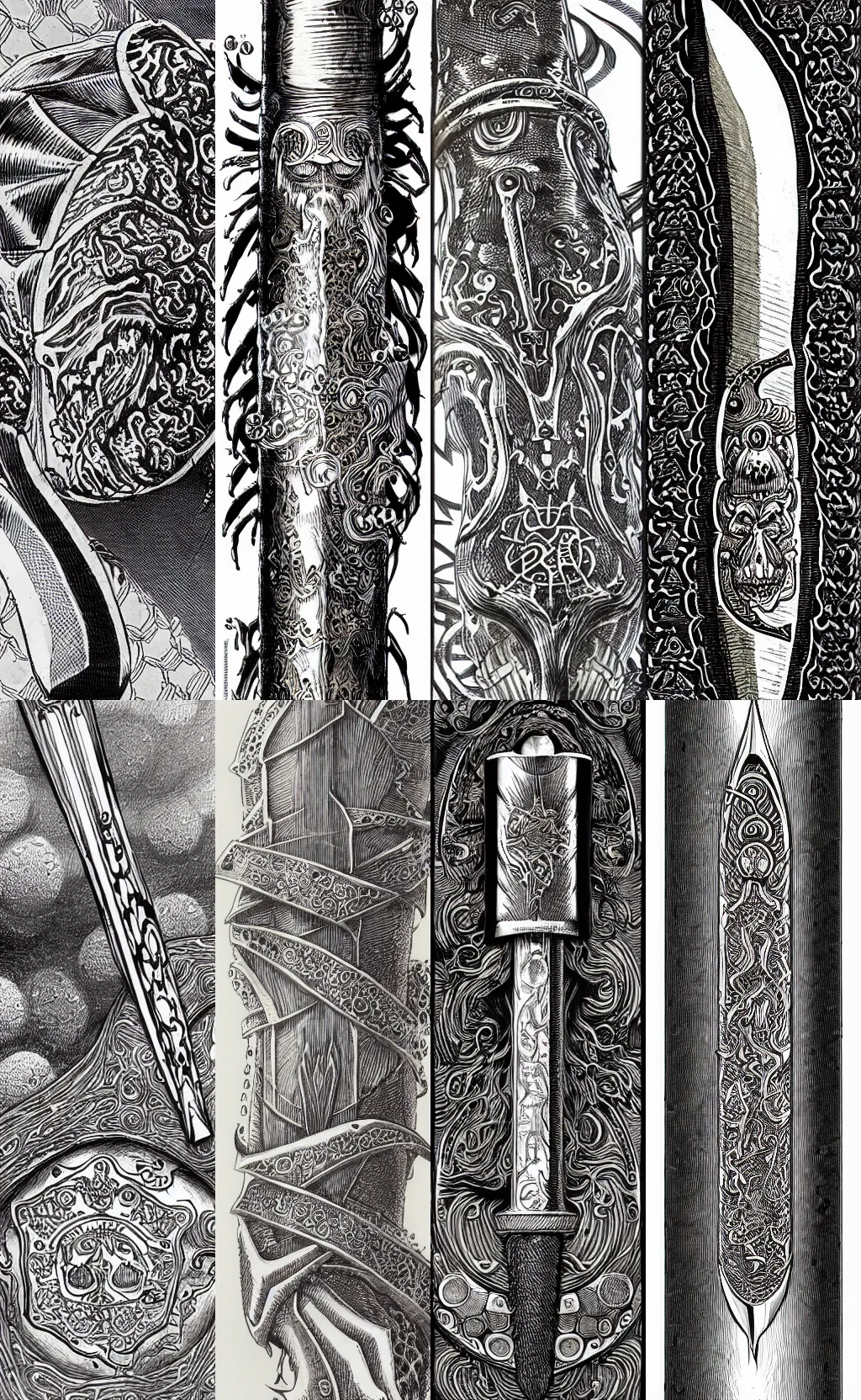 Prompt: highly detailed elden ring illustration of a damascus sword engraved with symbols, hyperrealistic clean shaped illustration by eiichiro oda