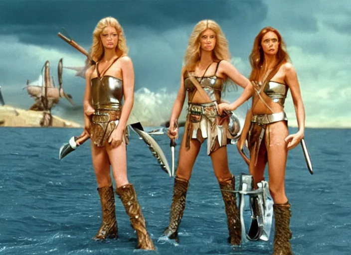 Image similar to film still charlie's angels ( 1 9 7 6 ) as a viking women with weapons, wearing skin - tight space age bikinis, rough seas in background, lightning storms, barbarella, water world, mad max, conan, hyper - realistic, highly detailed, accurate, 8 k octane render, 2 8 mm, wide angle, rule of thirds