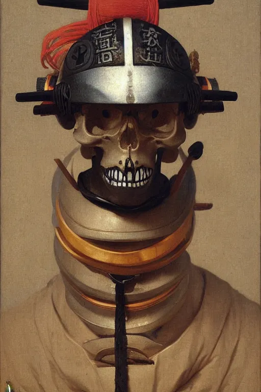 Image similar to portrait of a skull man japanse samurai astronaut with samurai helmets, by bouguereau