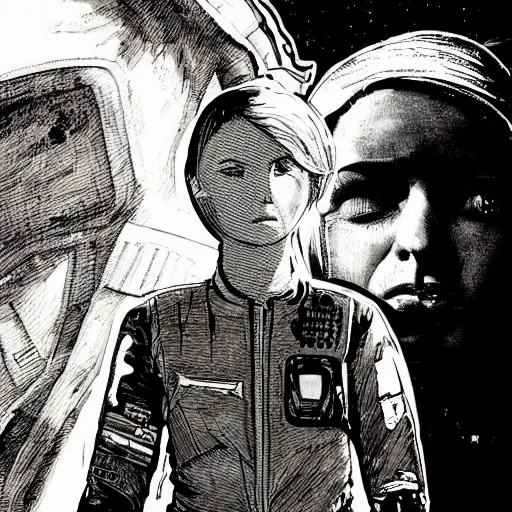 Prompt: illustration of butch tomboy stoic emotionless square - jawed heroic blonde woman wearing patched ripped dirty flight suit, staggering across desert on hostile extraterrestrial planet, pen and ink, ron cobb, mike mignogna, comic book, black and white, science fiction, punk, grunge, used future, illustration, comic book cover, - ar 1 6 : 9