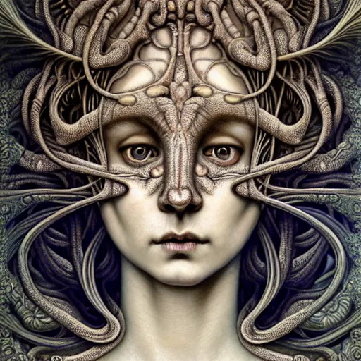 Image similar to detailed realistic porcelain beautiful intricate calaveras goddess face portrait by jean delville, gustave dore, iris van herpen and marco mazzoni, art forms of nature by ernst haeckel, art nouveau, symbolist, visionary, gothic, neo - gothic, pre - raphaelite, fractal lace, intricate alien botanical biodiversity, surreality, hyperdetailed ultrasharp octane render