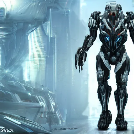 Image similar to crysis nanosuit, warframe, 5 0 feet tall, cyberpunk city, robot, mech, h. r. giger