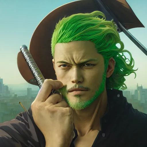 Prompt: highly detailed vfx portrait of roronoa zoro, stephen bliss, greg rutkowski, loish, rhads, beeple, makoto shinkai, tom bagshaw, alphonse mucha, sharp focus, art by artgerm and greg rutkowski, green hair, backlit, harsh overhead sunlight,