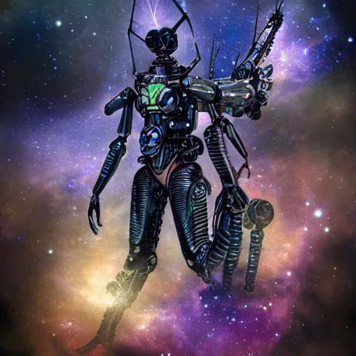 Prompt: full body insect mantis cyborg in transparent body armour holding big rifles floating in a nebula in space, sci fi,, mantis, hyperrealistic, realistic, 4 k, steampunk, intricate, detailed, fine lines, focus,