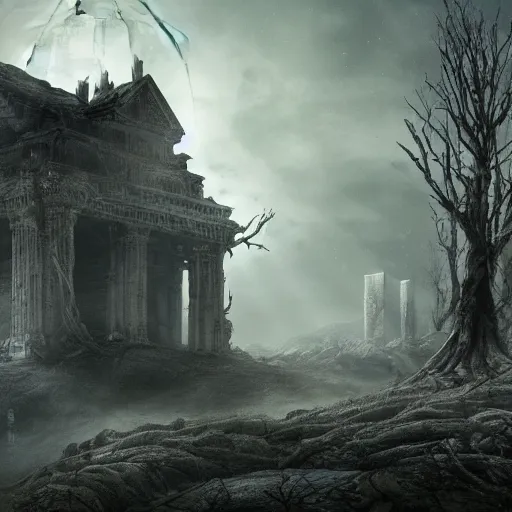 Image similar to a dramatic matte painting of the tomb in the dystopian landscape is opening through the ground, the dead has arisen under the glowing moon, dead trees and a brooding landscape by giger and dariusz zawadzki and beksinsk