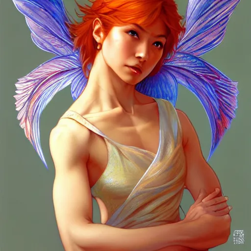 Prompt: beautiful natural fairy winged redhead martial artist karate fey fae muscular body shortsword summer smirk, kung fu, vivid colors, intricate, elegant, highly detailed, digital painting, artstation, concept art, smooth, sharp focus, illustration, art by artgerm and greg rutkowski and alphonse mucha and loish and wlop