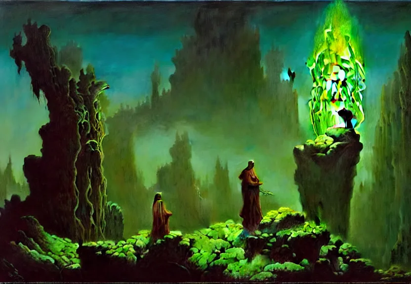 Prompt: the arcanist and the artificer by albert bierstadt and gerald brom and zdzisław beksinski and james gilleard, highly detailed, hyperrealistic, floating metallic objects, blue flames, low light, glowing green crystals