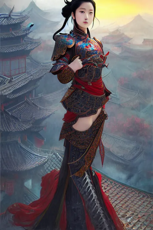 Image similar to portrait black hair young knights of Dynasty Warriors girl, metallic red mirror armor, in ruin chinese temple rooftop sunset, ssci-fi and fantasy, intricate and very beautiful and elegant, highly detailed, digital painting, soft light, artstation, concept art, smooth and sharp focus, illustration, art by tian zi and WLOP and alphonse mucha