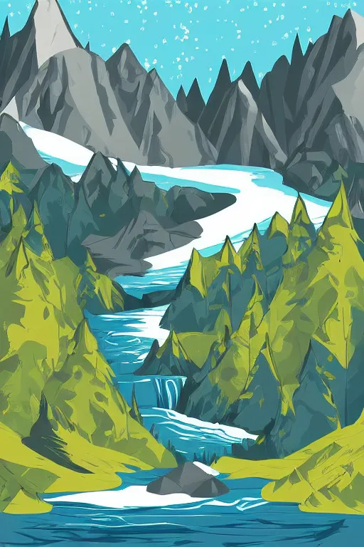 Image similar to mountaintop water flat illustration trending on artstation