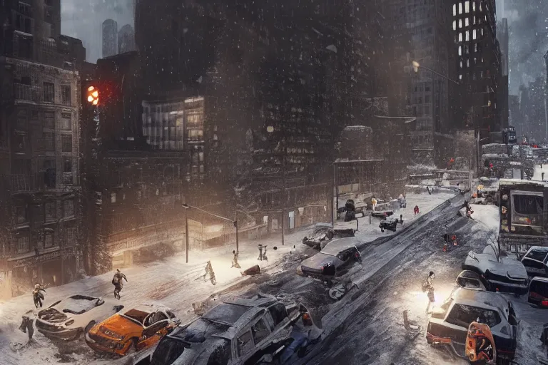 Image similar to agents from (Tom Clancy's The Division) running through snowy new york, high detail, digital art, trending on artstation, by Tom Garden